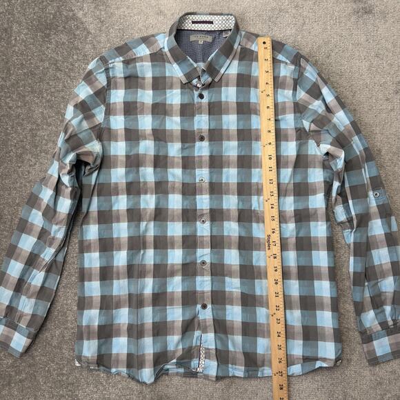 Ted Baker Shirt Mens Large Blue Gray Gingham Long Sleeve Button Front Weybiza - Picture 6 of 8